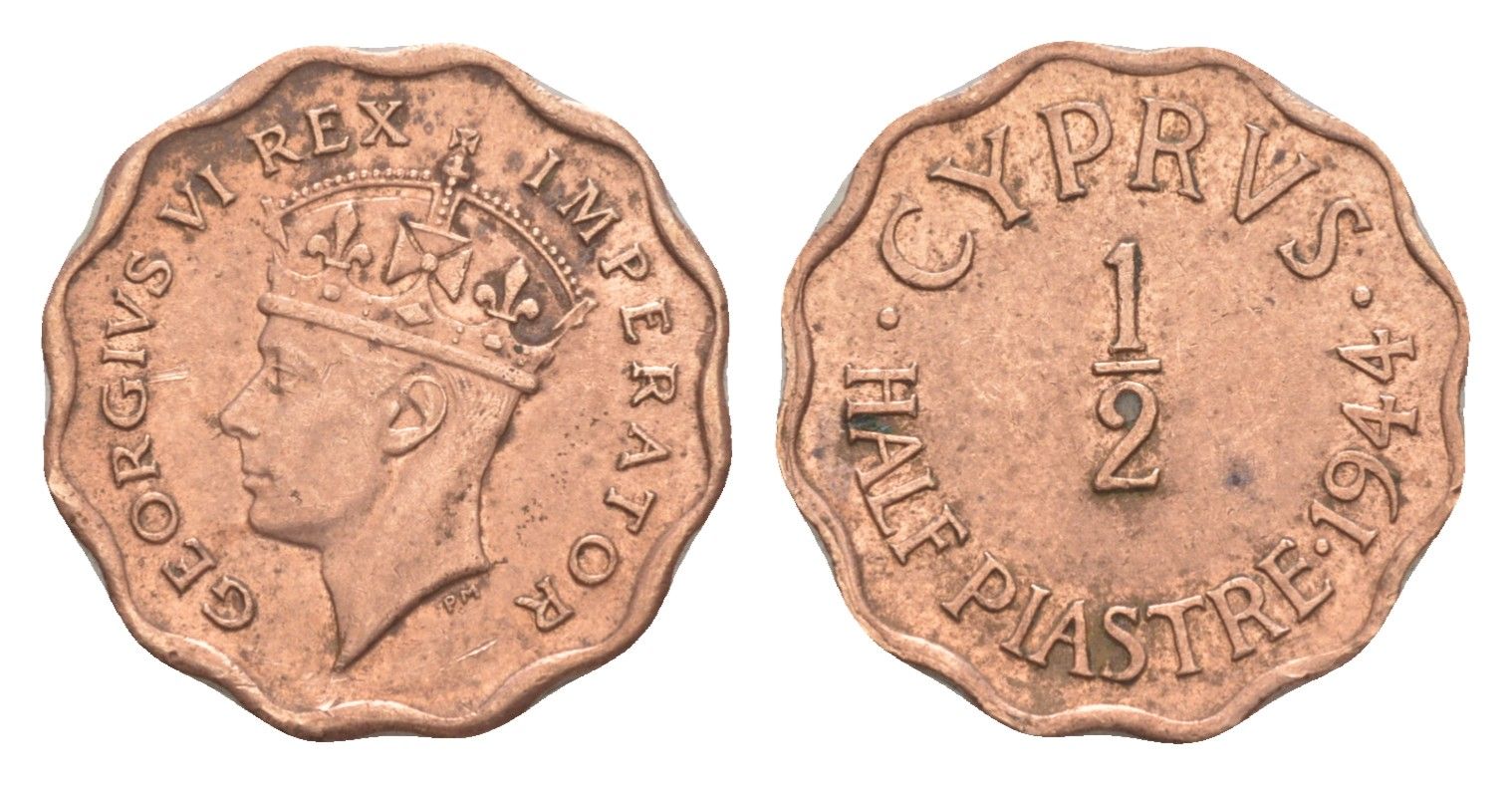 Кипр 1/2 пиастра 1944 Георг VI (1936-1952) KM 22a бронза 4649-1133