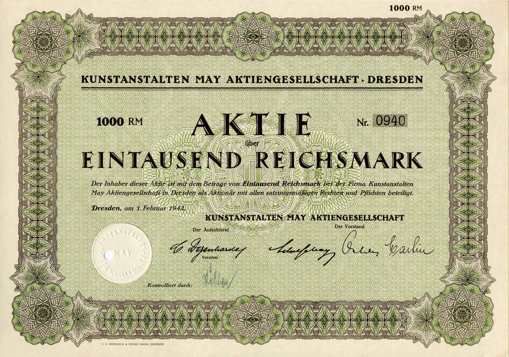 Германия 1000 рейхсмарок 1942 Kunstanstalten May AG (КАМАГ) - художественное издательство, акция   бумага   8801-84-1