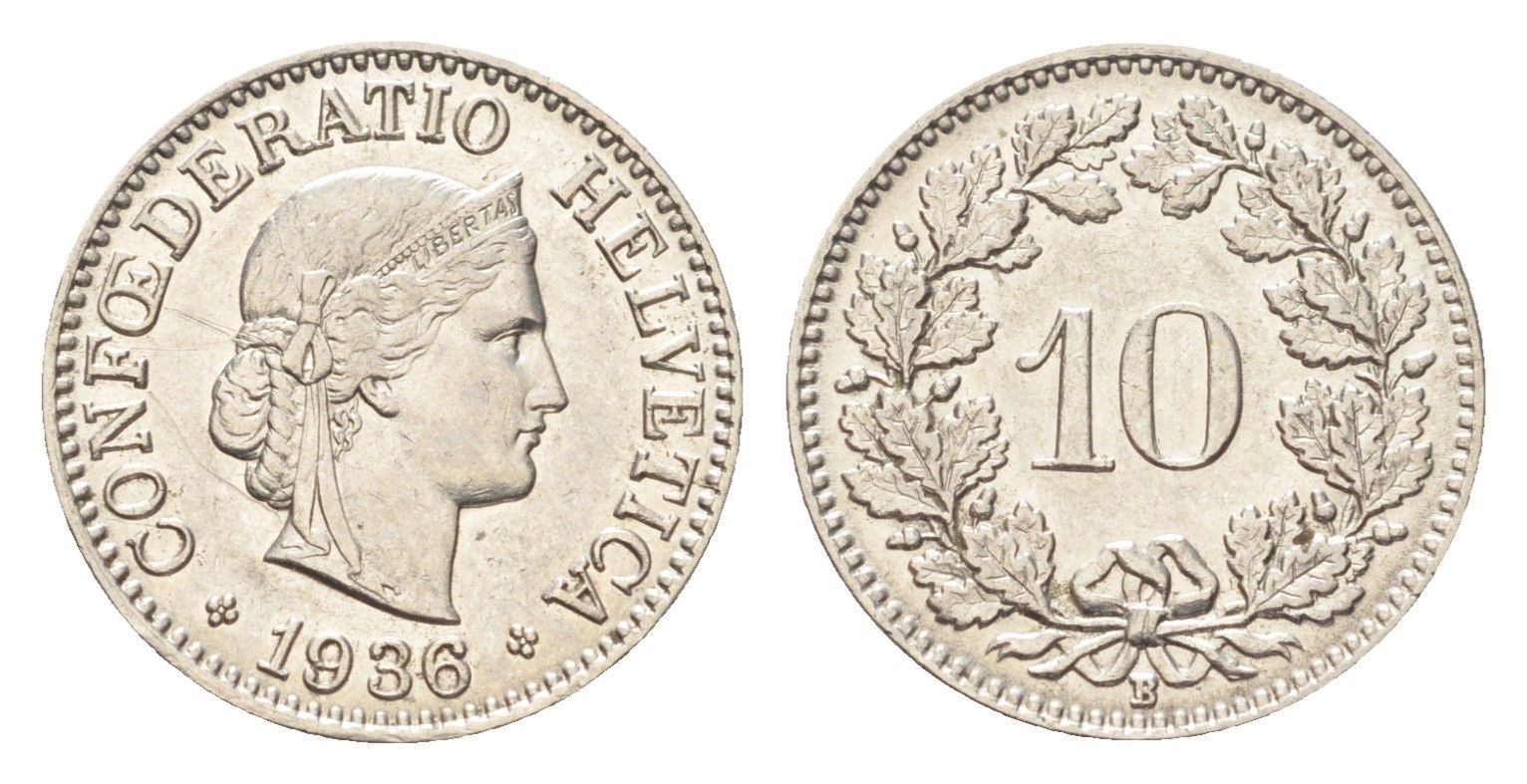 Швейцария 10 раппенов 1936 B KM 27b никель 4708-151