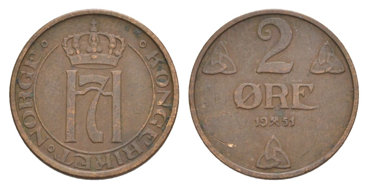 Норвегия 2 эре 1951 Хокон VII (1905-1957) KM 371 бронза 4635-323