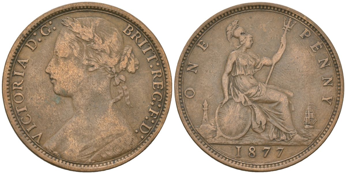 Великобритания 1 пенни 1877 Виктория (1837-1901) KM 755, Spink 3954 бронза 4590-926