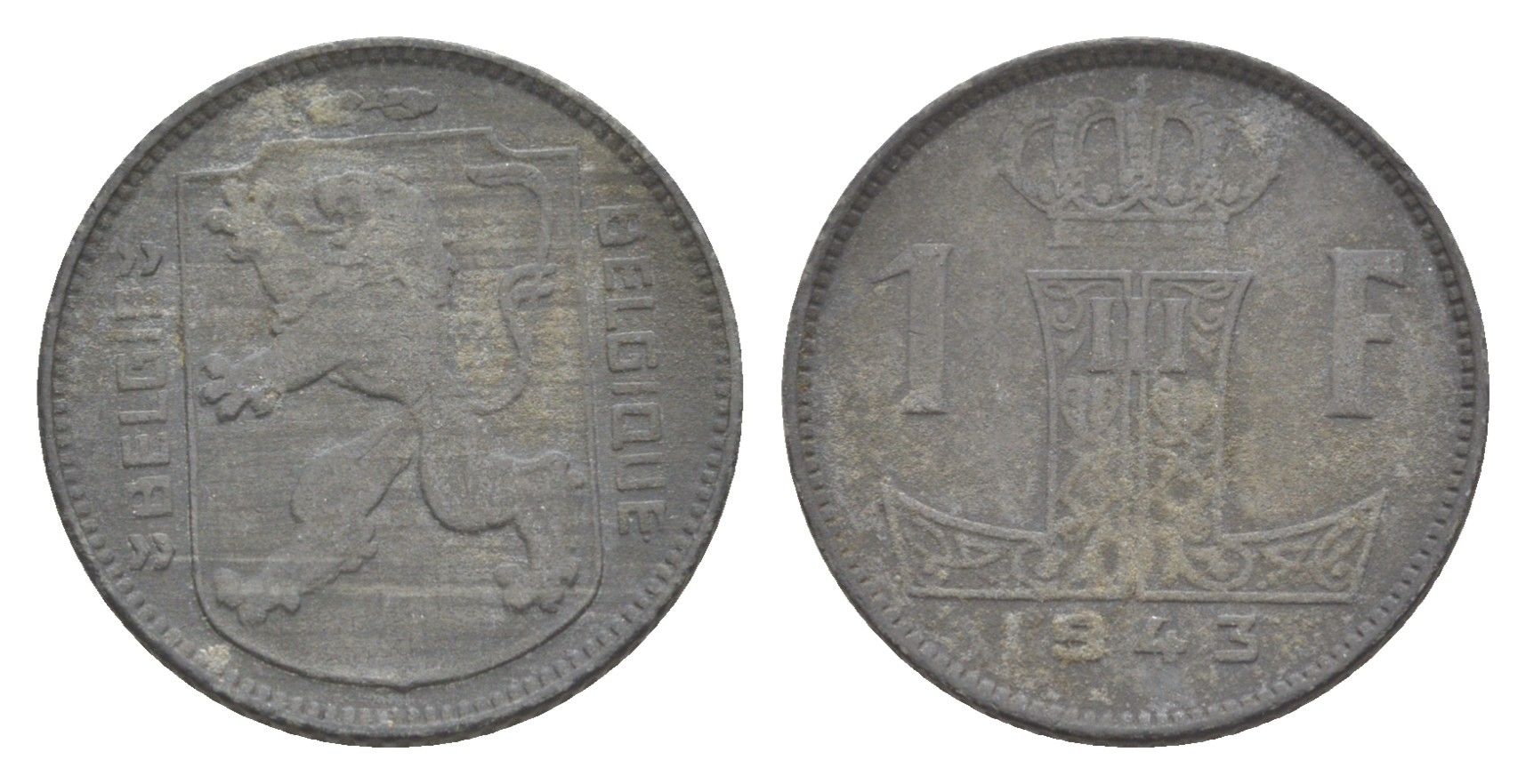 Бельгия 1 франк 1943 Belgie - Belgique, Леопольд III (1934-1947), германская оккупация, Вторая мировая война KM 128 цинк 4617-212