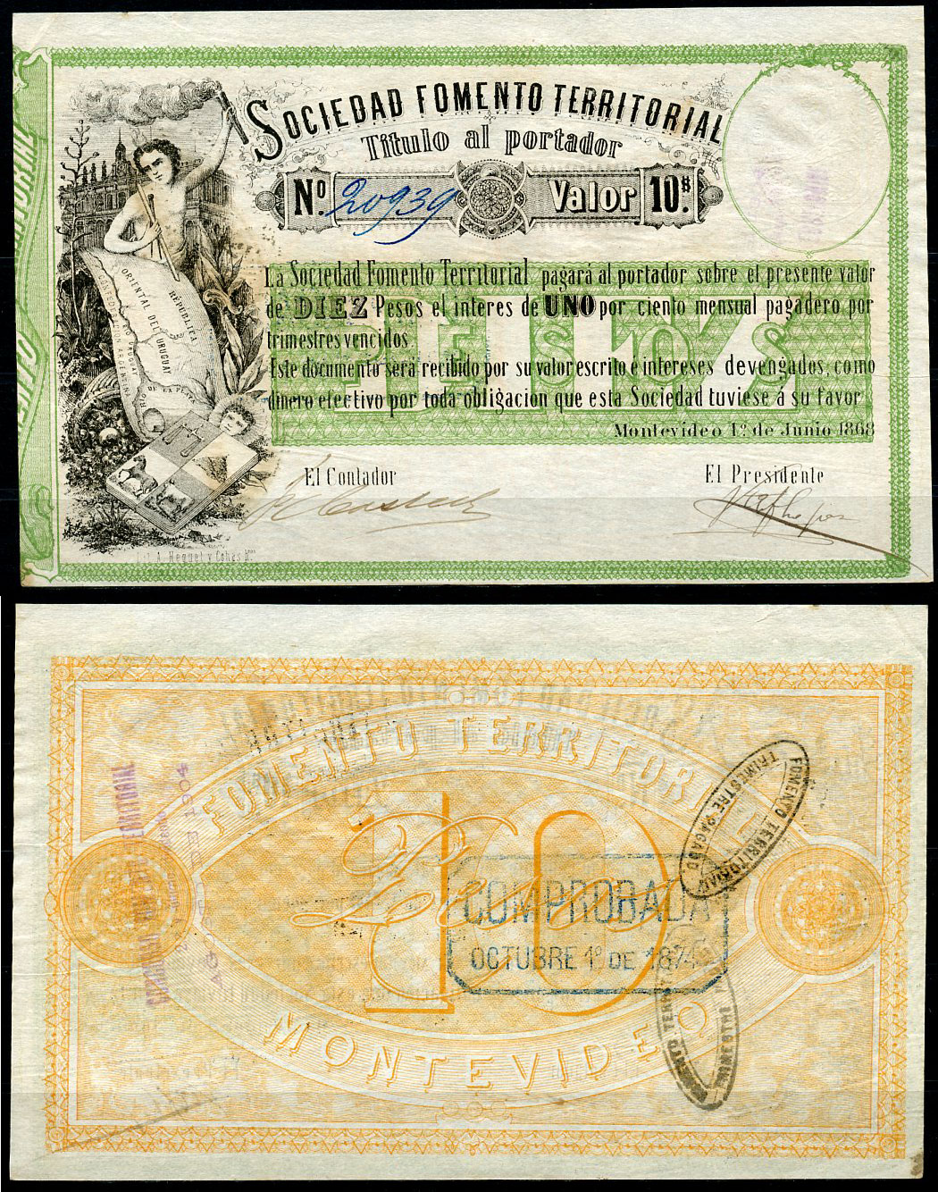 Уругвай, Монтевидео 10 песо 1868 мальчик, карта, № 20923 Pick S481  бумага 451-14-1