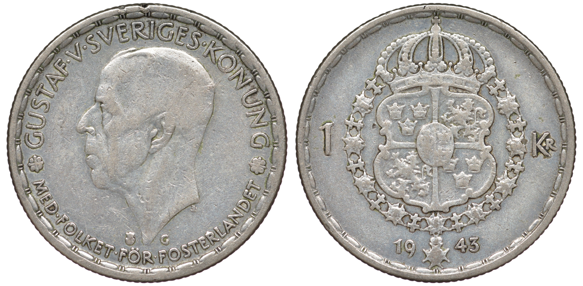 Швеция 1 крона 1943 G, Густав V (1907-1950) KM 814 серебро 4178-657