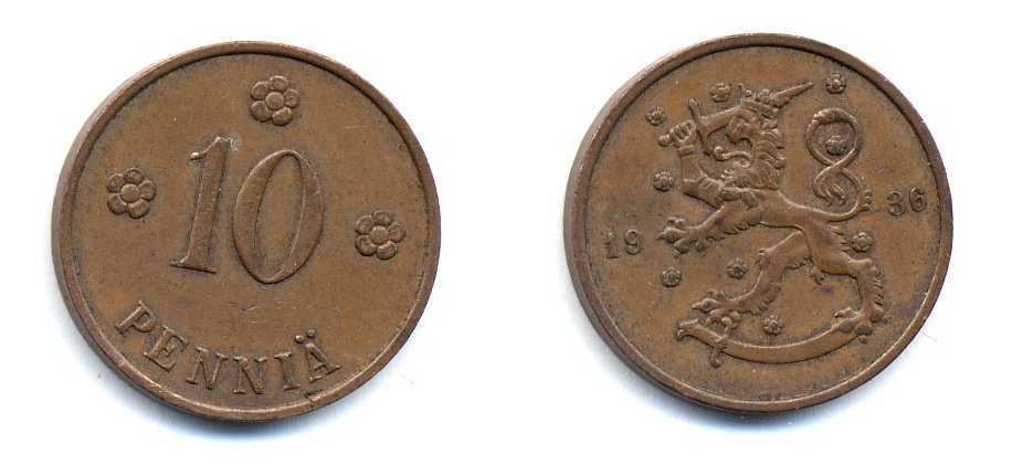Финляндия 10 пенни 1936 республика (1918-1962) KM 24 медь 51-5523