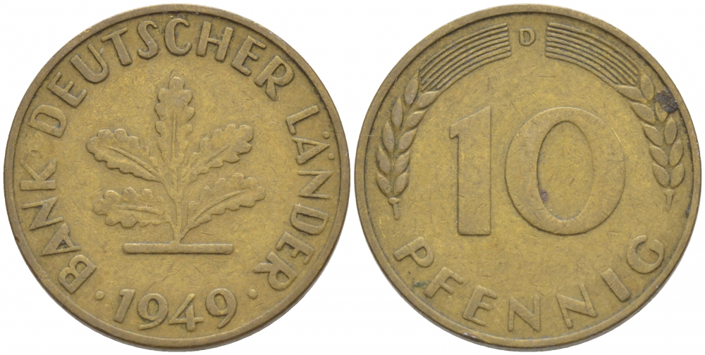 ФРГ 10 ПФЕННИГОВ 1949 D KM 103, J.378 сталь плакированная латунью 4539-913