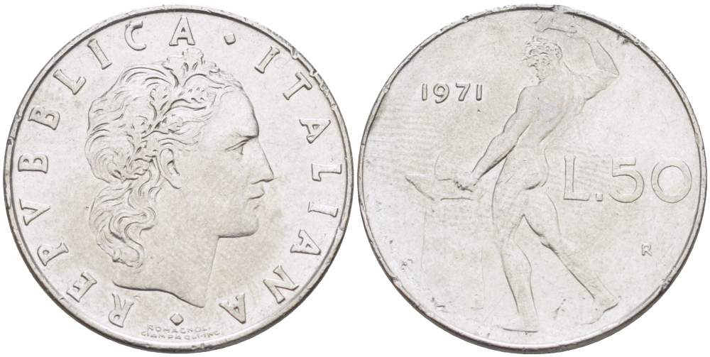 ИТАЛИЯ 50 ЛИР 1971 R, КУЗНЕЦ, ВУЛКАН БОГ ОГНЯ, ДИАМЕТР 25 ММ. KM 95.1 нержавеющая сталь 117-611