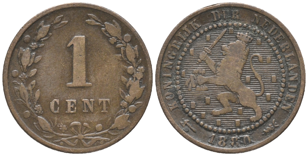 НИДЕРЛАНДЫ 1 ЦЕНТ 1880 ВИЛЬЯМ III (1849-1890) KM 107 бронза 100-846