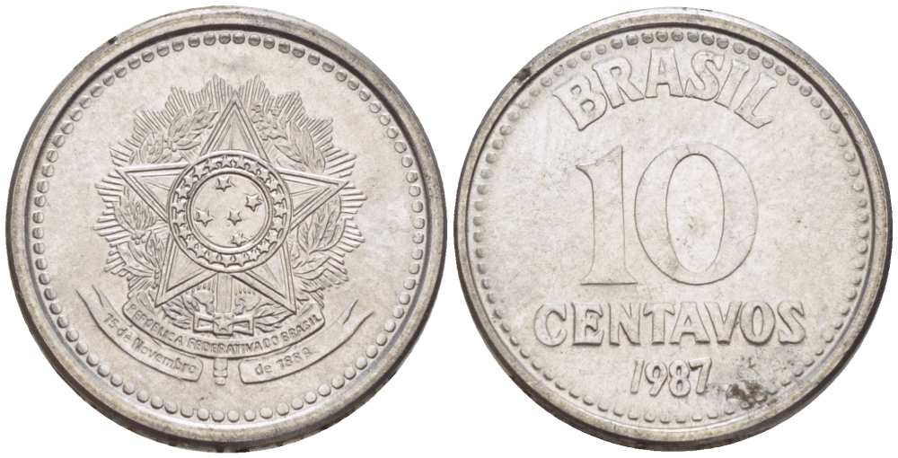 БРАЗИЛИЯ 10 СЕНТАВО 1987 РЕФОРМА 1986-1989 KM 602 нержавеющая сталь 100-1118