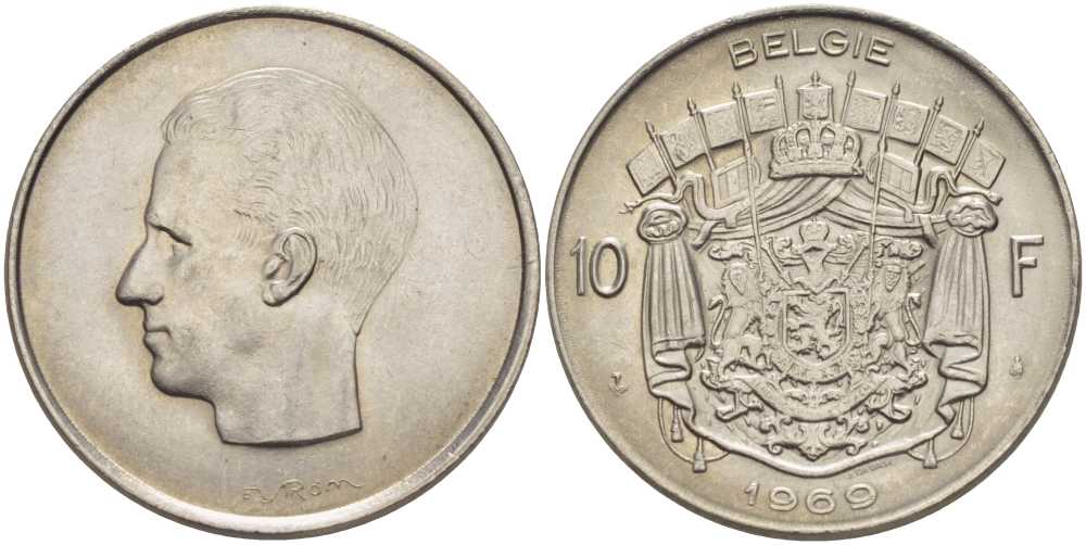 БЕЛЬГИЯ 10 ФРАНКОВ 1969 BELGIE, БОДУЭН I (1951-1993) KM 156.1 никель 38-625