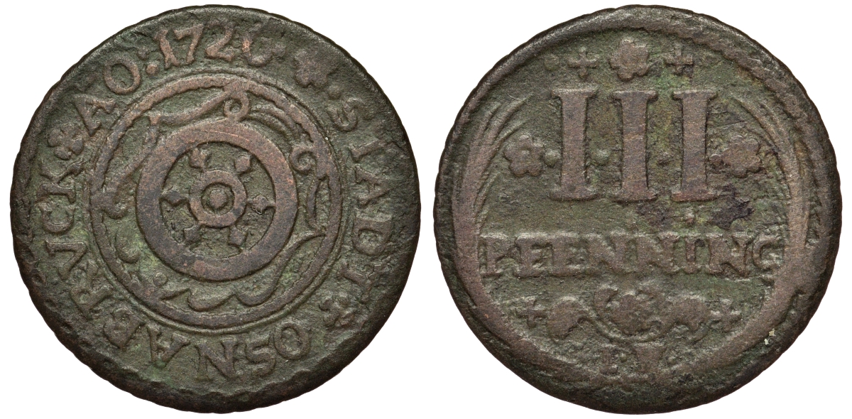 Оснабрюк 3 пфеннига 1726 IW Kennepohl 481 медь 75-626