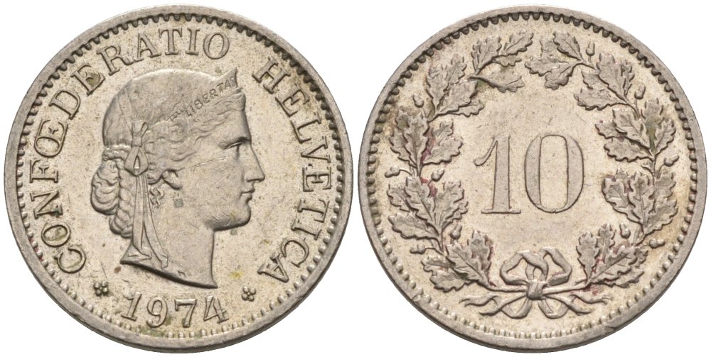 Швейцария 10 раппенов 1974 KM 27 медно-никель 75-1415
