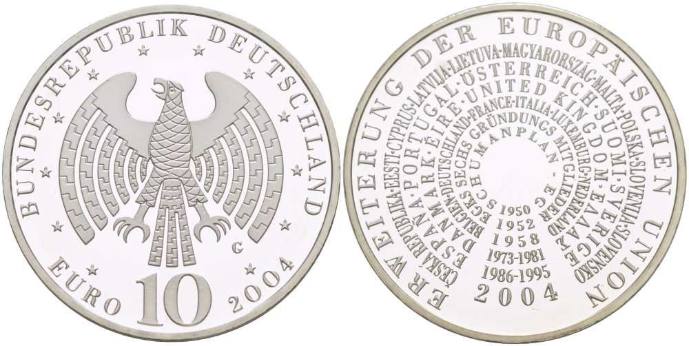 ФРГ 10 евро 2004 G, расширение Евросоюза KM 231, DE.S 10.14 серебро PROOF 1085-5-63