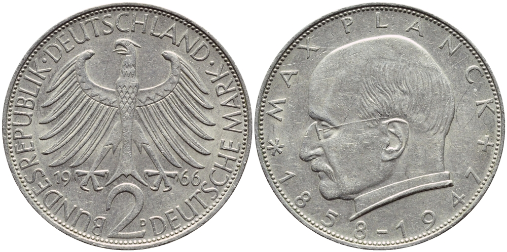 ФРГ 2 марки 1966 D, Макс Планк КМ 116 J.392 медно-никель плакированный никелем 85-457