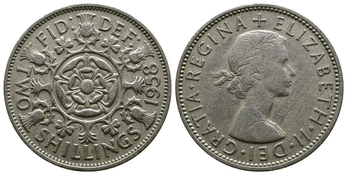 Великобритания 2 шиллинга (флорин) 1958 Елизавета II (1952-2022) KM 906, Spink 4146 медно-никель 4382-142