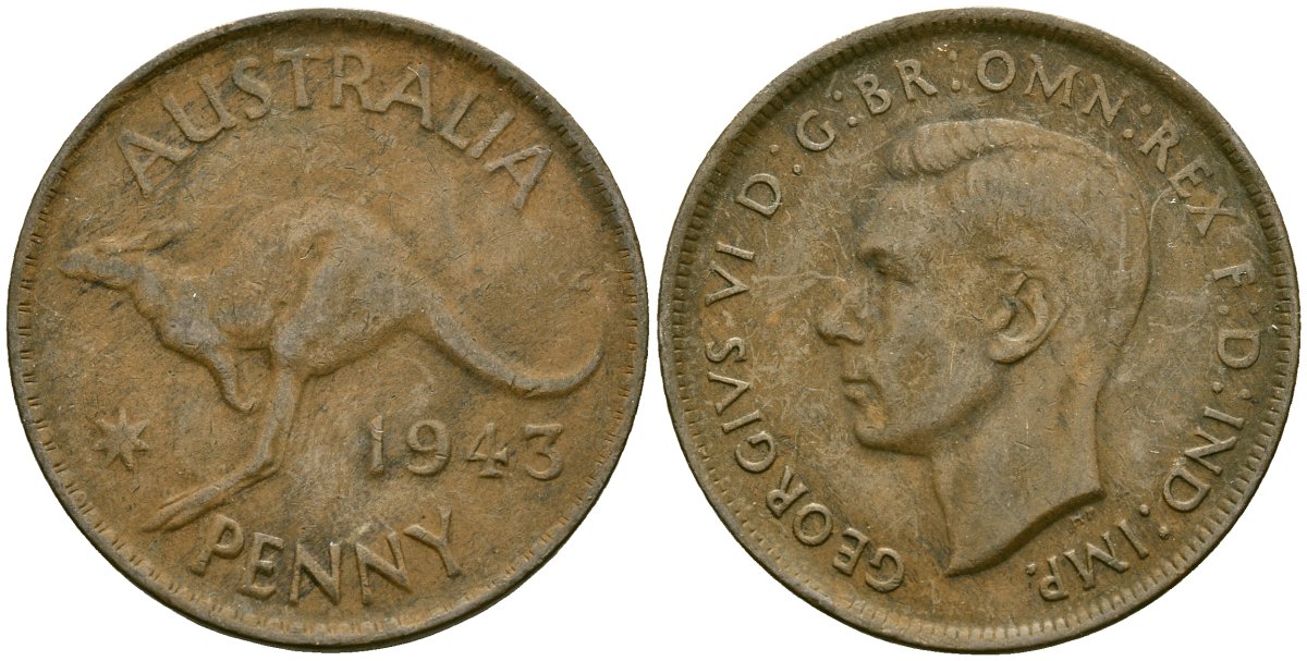 Австралия 1 пенни 1943 Георг VI (1937-1952), кенгуру KM 36 бронза 4120-731