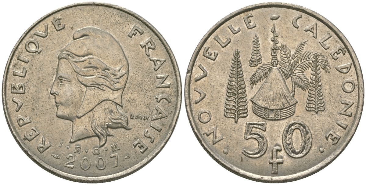 Французская Новая Каледония 50 франков 2007 хижина среди сосен и пальм, (IEOM) KM 13a, Schoen 15a, Lec 128i медно-никель 114-144