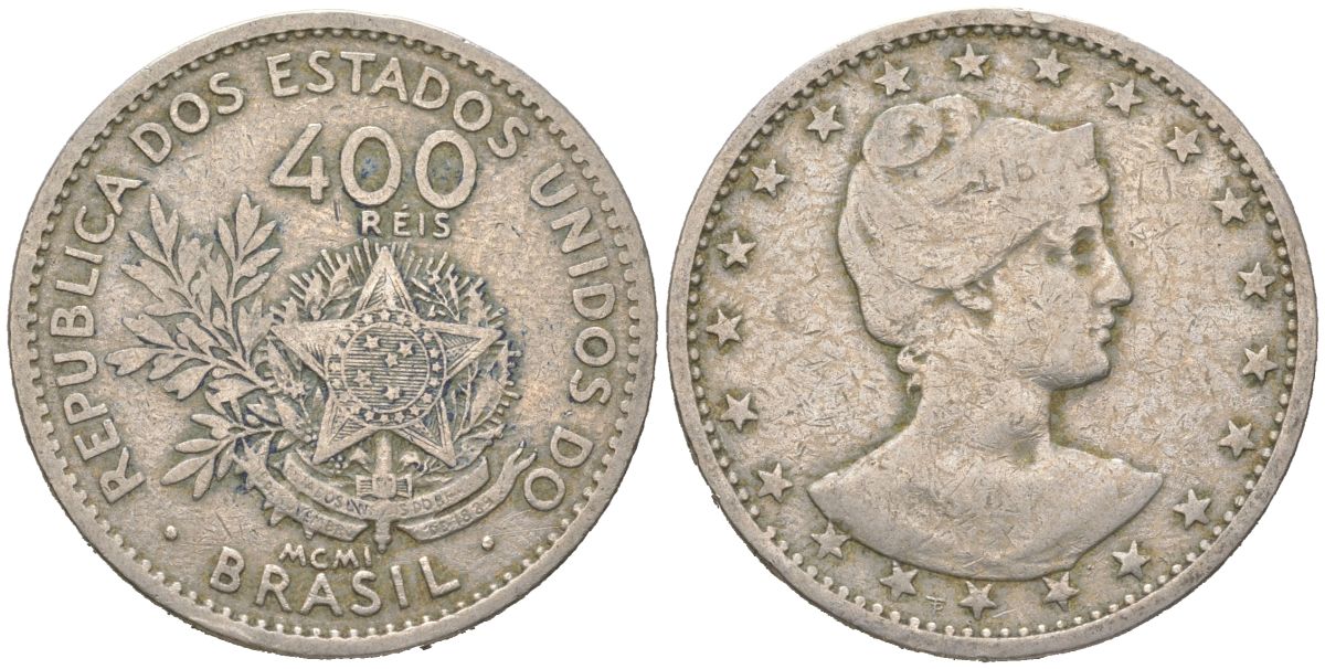 Бразилия 400 реалов 1901 MCMI, голова свободы вправо KM 505 медно-никель 4612-421