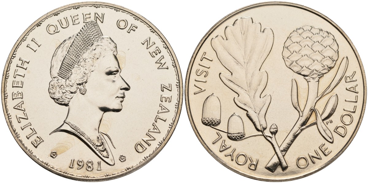 Новая Зеландия 1 доллар 1981 Королевский визит, английский дуб, Елизавета II (1952-2022) KM 50 медно-никель UNC 58-623