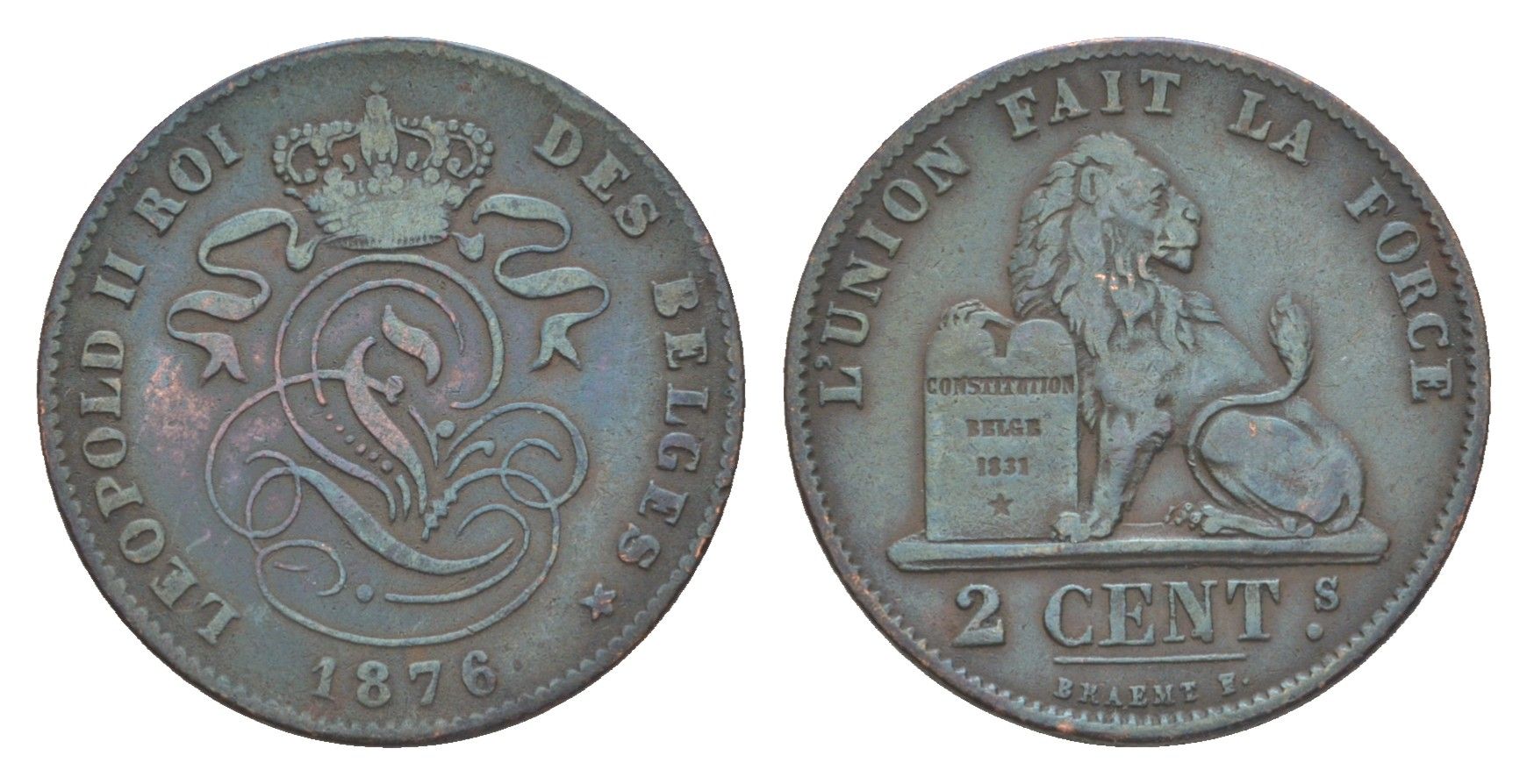 Бельгия 2 сантима 1876 Belges, Леопольд II (1865-1909) KM 35 медь 4164-1235