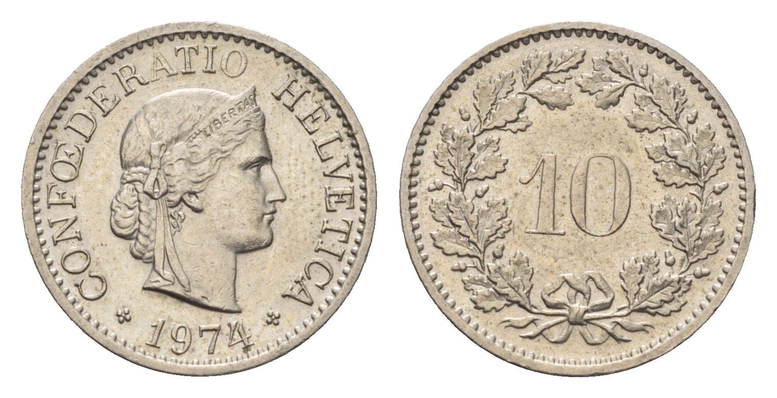 Швейцария 10 раппенов 1974 KM 27 медно-никель 4685-256