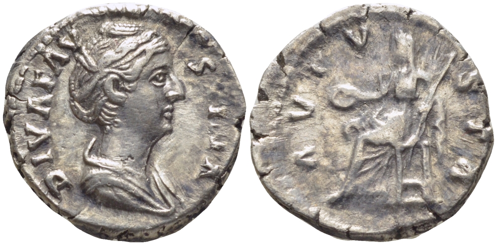 Римская Империя денарий 141 Фаустина Старшая, жена Антонина Пия (посмертная чеканка) DIVA FAVSTINA / AVGVSTA Веста, Рим Good Very fine RIC 370 серебро 1073-15-64