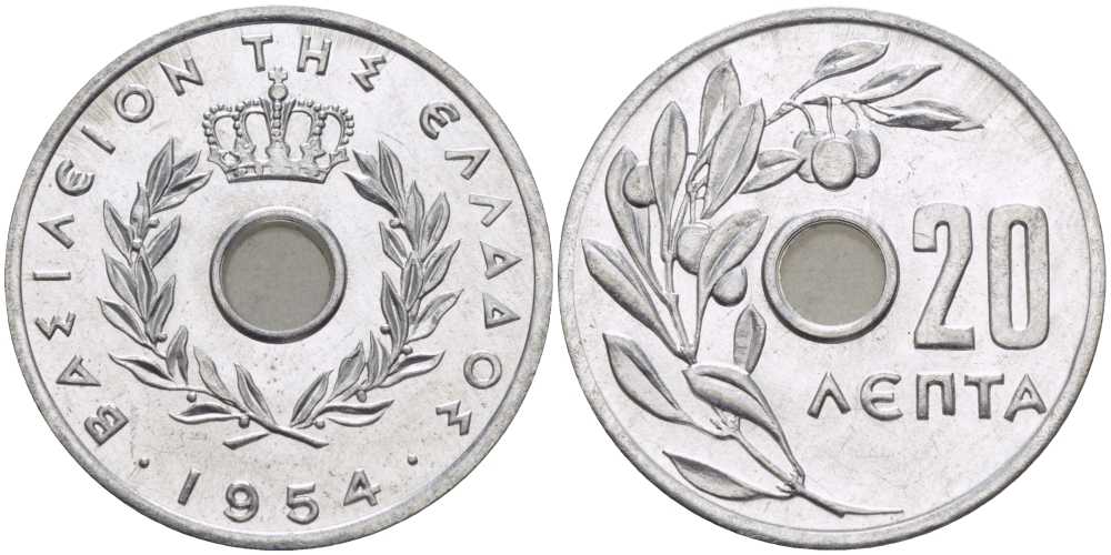 Греция 20 лепта 1954 Павел I (1947-1964), оливковая ветвь KM 79 алюминий UNC 28-426