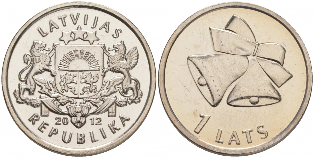 Латвия 1 лат 2012 рождественские колокольчики KM 136 медно-никель UNC M30-06