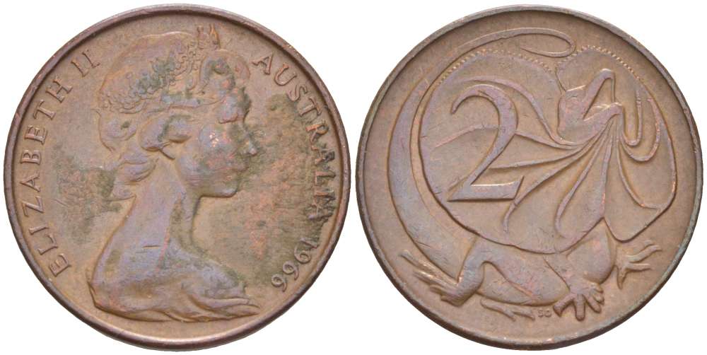 Австралия 2 цента 1966 Елизавета II (1952-), плащеносная ящерица KM 63 бронза 4519-432