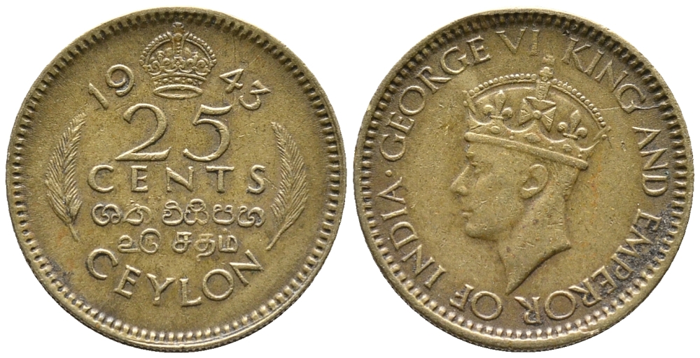 ЦЕЙЛОН 25 ЦЕНТОВ 1943 ГЕОРГ VI KM 115 никель латунь 100-1242
