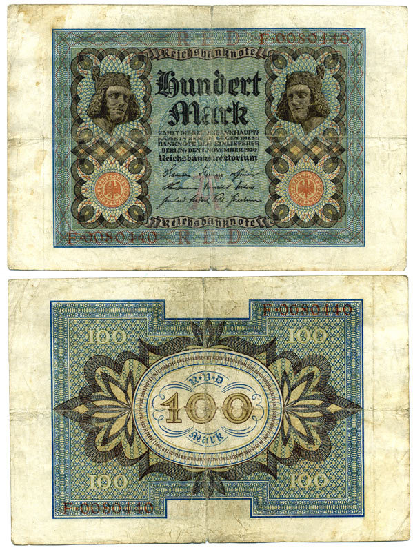 Германия 100 марок 1920 Бамбергский всадник, 7 цифр в номере Pick 69 a, Розенберг 67а  бумага 3295-114-2-1