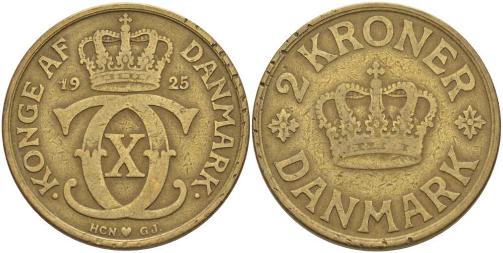 ДАНИЯ 2 КРОНЫ 1925 HCN; GJ, КРИСТИАН X (1912-1947) KM 825.1 алюминиевая бронза 38-432