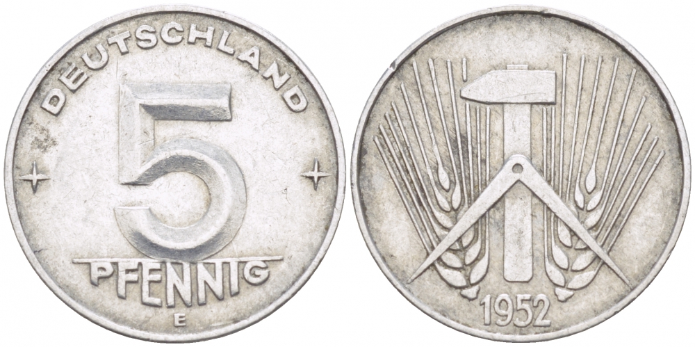 ГДР 5 ПФЕННИГОВ 1952 Е KM 6 алюминий 3955-548