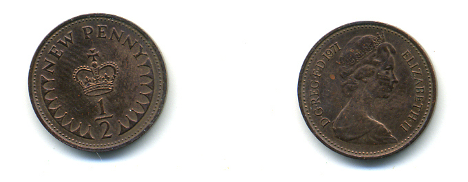 Великобритания 1/2 пенни 1971 Елизавета II (1952-2022) KM 914, Spink 4239 бронза 83-445