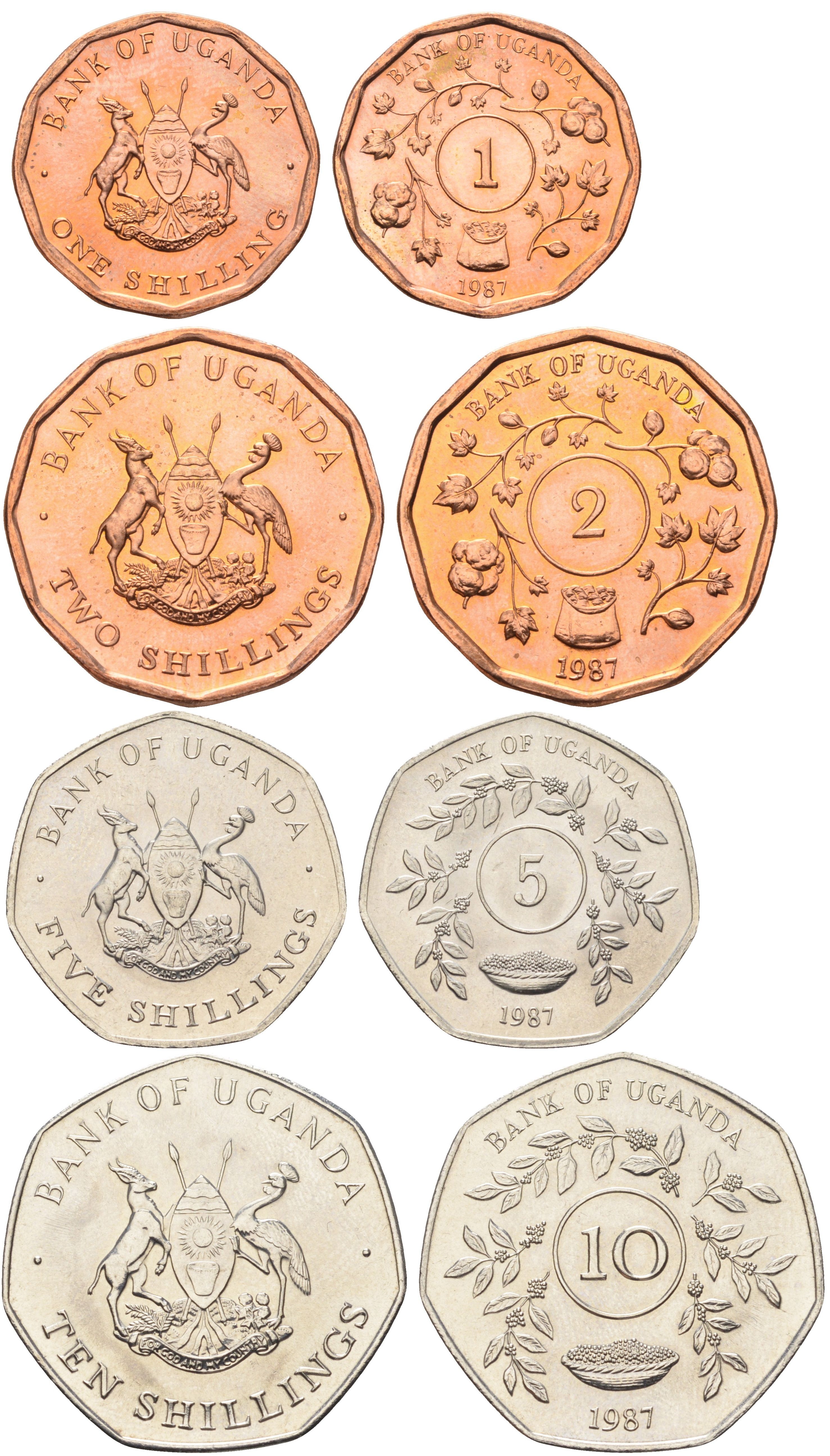 Уганда годовой набор из 4 монет (1, 2, 5 и 10 шиллингов) 1987 год-тип KM 27, 28, 29 и 30 UNC 65-522-524