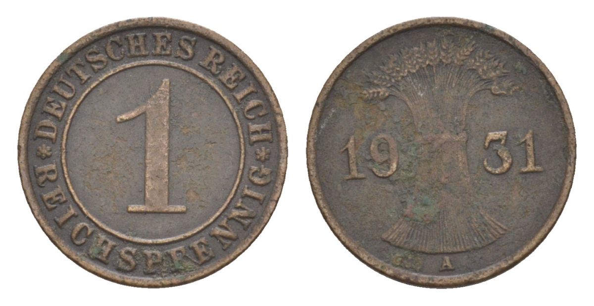 Германия 1 рейхспфенниг 1931 A KM 37, J. 313 бронза 4630-262