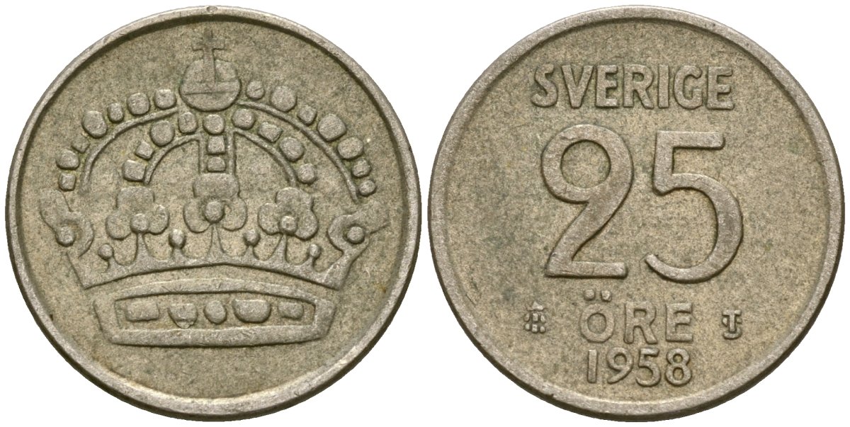 Швеция 25 эре 1958 G, Густав VI Адольф (1950-1973) KM 824 серебро 4173-1269