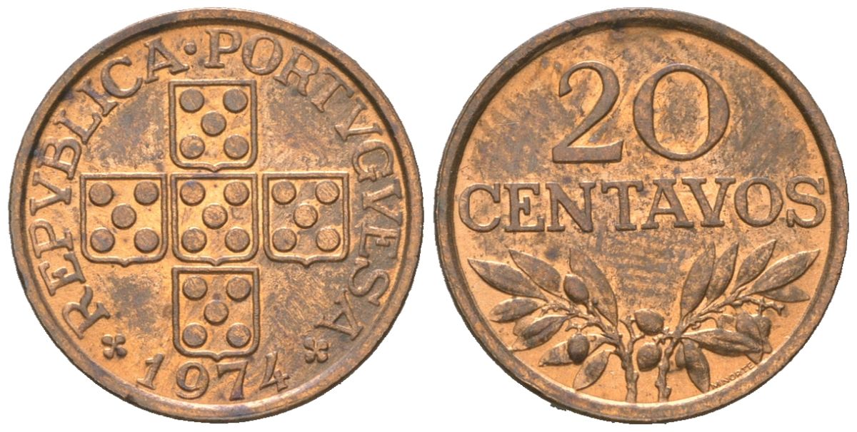 Португалия 20 сентаво 1974 KM 595 бронза UNC 4151-1043