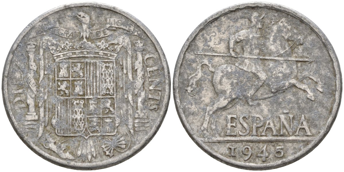 Испания 10 сентимо 1945 Франсиско Франко (1939 - 1975) KM 766 алюминий 4155-225