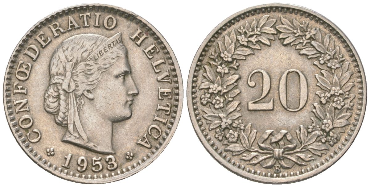 Швейцария 20 раппенов 1953 B KM 29a медно-никель 220-1233