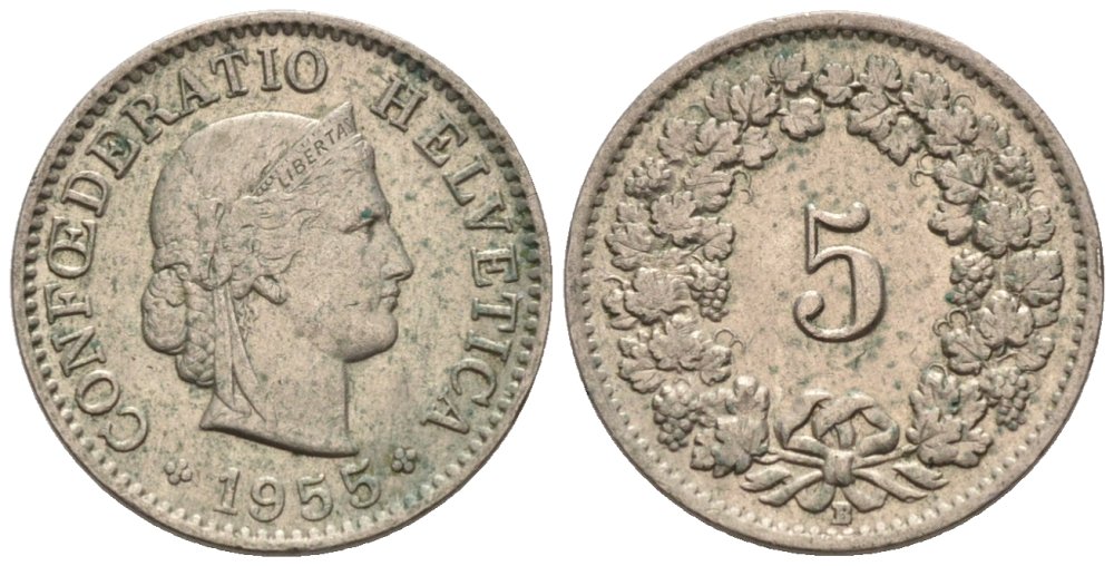Швейцария 5 раппенов 1955 В KM 26 медно-никель 4576-928