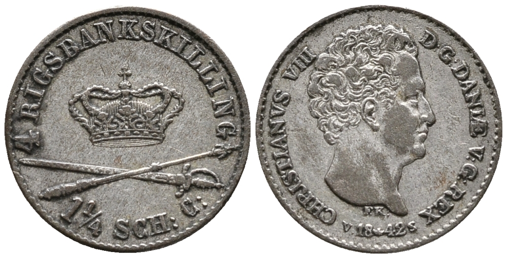 ДАНИЯ 4 СКИЛЛИНГА 1842 VS, КРИСТИАН VIII (1839-1848), SKILLING RIGSMONT KM 721.2 (С123.2) серебро 100-752