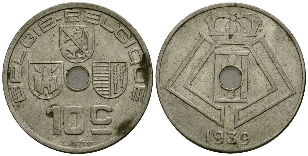 Бельгия 10 сантимов 1939 Belgie - Belgique KM 113 никель латунь 4121-747