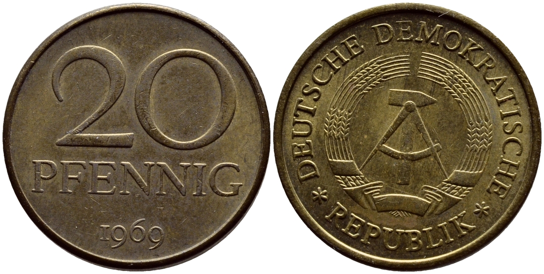 ГДР 20 пфеннигов 1969 А, первый год KM 11 латунь UNC 4395-1152