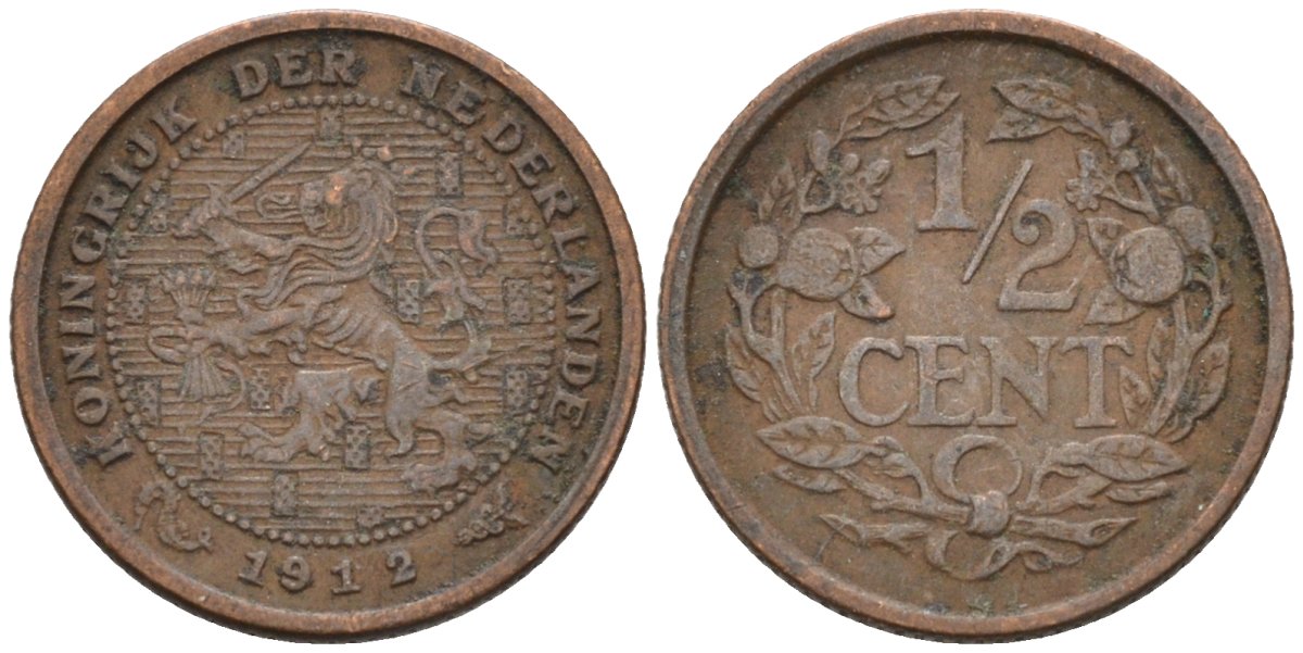 Нидерланды 1/2 цента 1912 Вильгельмина (1890-1948) KM 138 бронза 4576-346