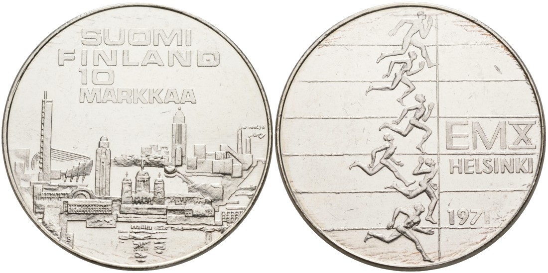 Финляндия 10 марок 1971 S-H, X Чемпионат Европы по легкой атлетике KM 52 серебро 4558-335
