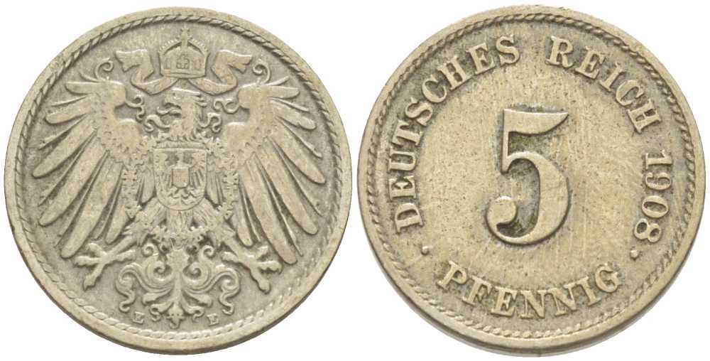 Германия 5 пфеннигов 1908 E KM 11, Jager 12, Weege 6 медно-никель 206-954
