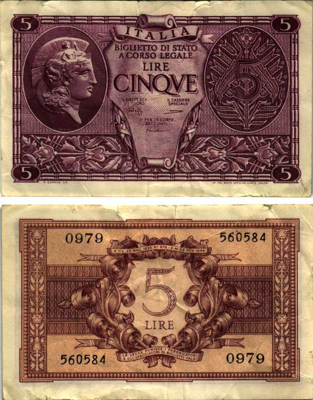 Италия 5 лир 1944 23 ноября 1944 Афина в шлеме, signatures: BoLaffi / CavalLaro / Giovinco Pick 31c, Grapanzano BS 31 8518-38-3-2