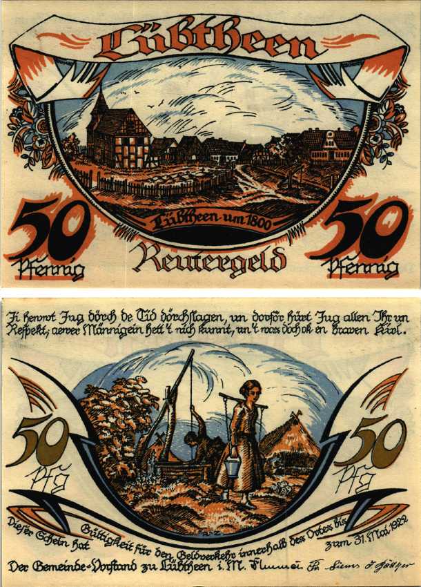 ЛЮБТЕН 50 ПФЕННИГОВ 1922 НОТГЕЛЬД, 1922 - 31 МАЯ 1922, ЗЕМЛЯ МЕКЛЕНБУРГ, ПЕРЕДНЯЯ ПОМЕРАНИЯ Grabowski 834.1 бумага 6318-40-3-1
