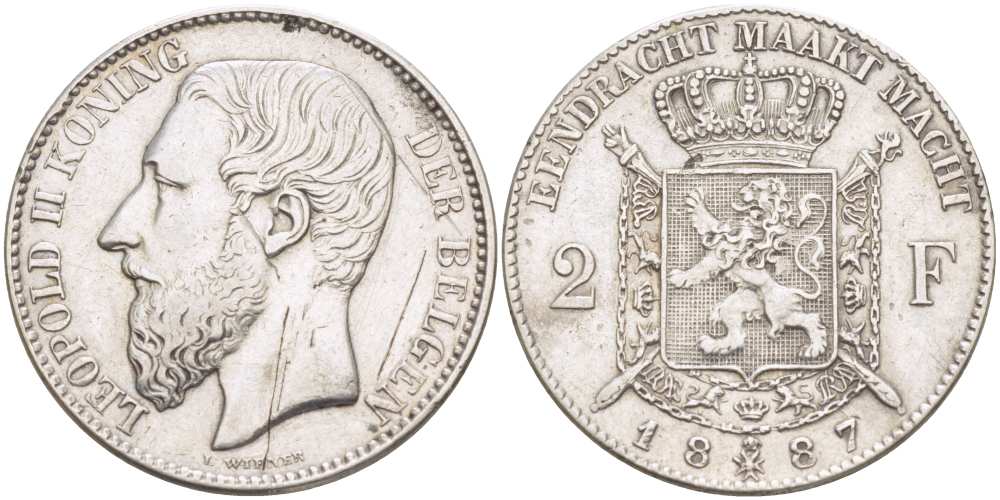 Бельгия 2 франка 1887 Леопольд II (1865-1909), Belgen KM 31 серебро 00-814-15